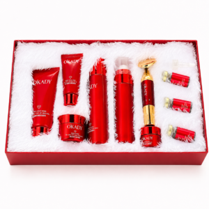 OKADY Red Luxury Skincare Gift Set with Facial Massager & Ampoules