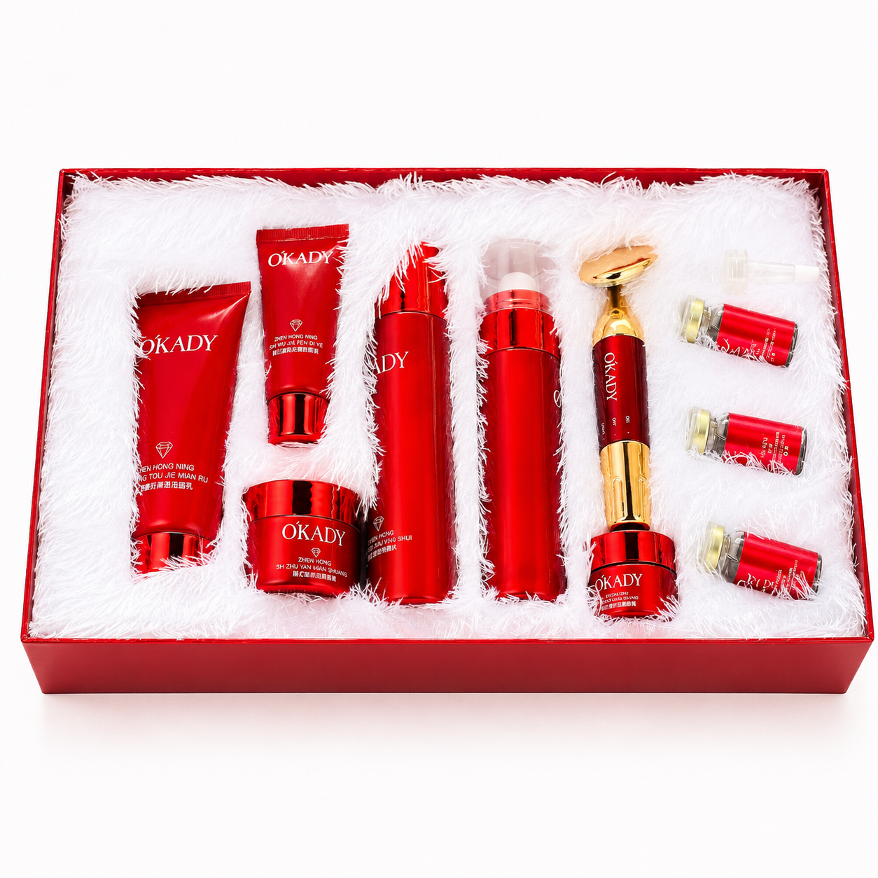 OKADY Red Luxury Skincare Gift Set with Facial Massager & Ampoules